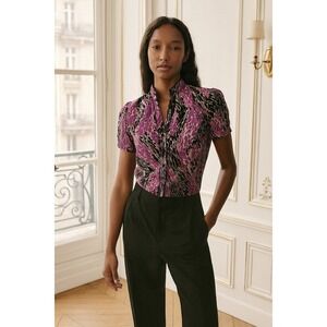 Purple Print Blouse Top Short Sleeve‎ Button Down Career